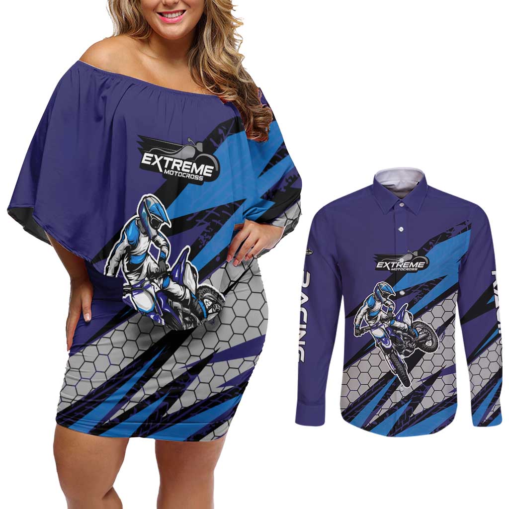 Custom Extreme Motocross Racing Couples Matching Off Shoulder Short Dress and Long Sleeve Button Shirt with Rider Graphic - Wonder Print Shop