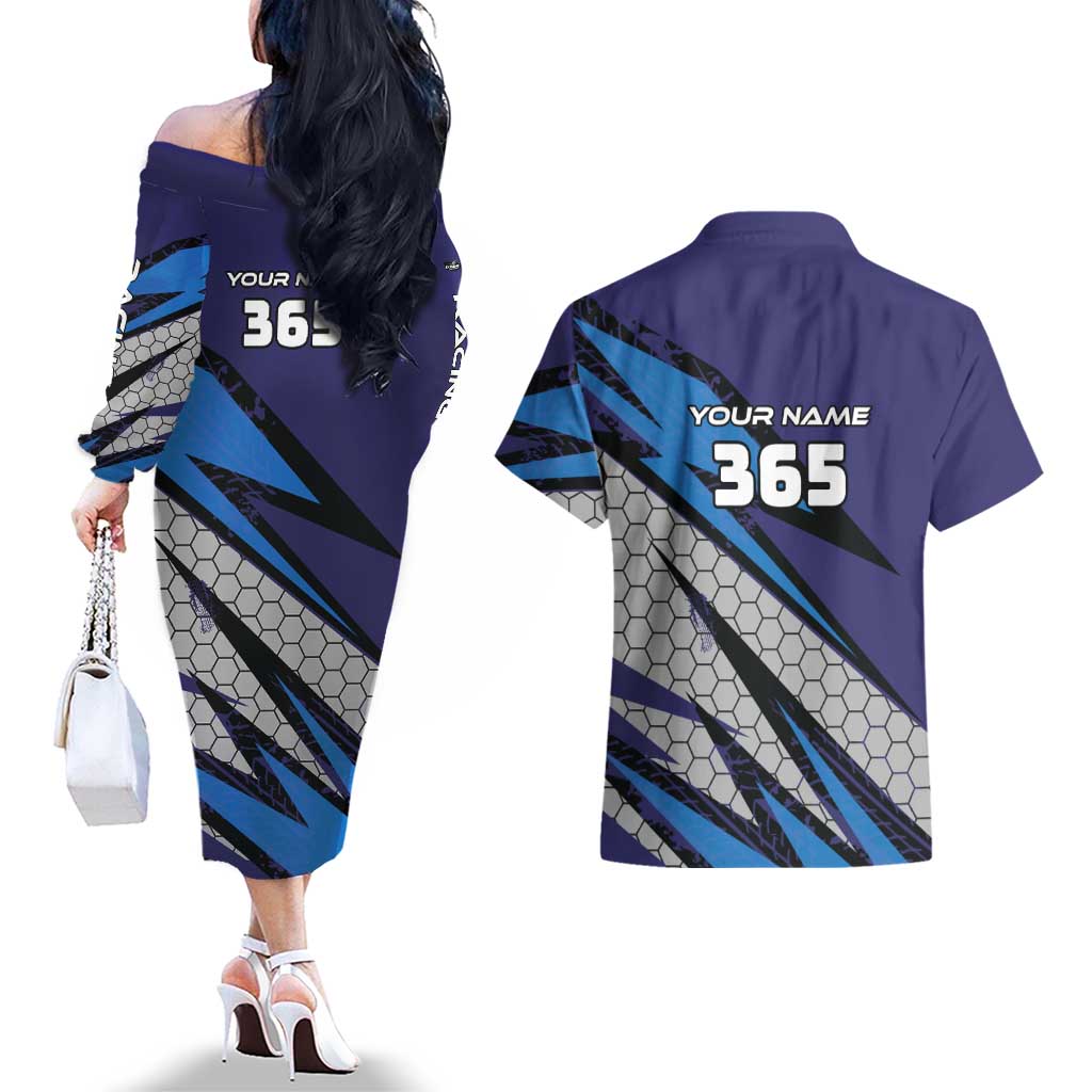 Custom Extreme Motocross Racing Couples Matching Off The Shoulder Long Sleeve Dress and Hawaiian Shirt with Rider Graphic - Wonder Print Shop