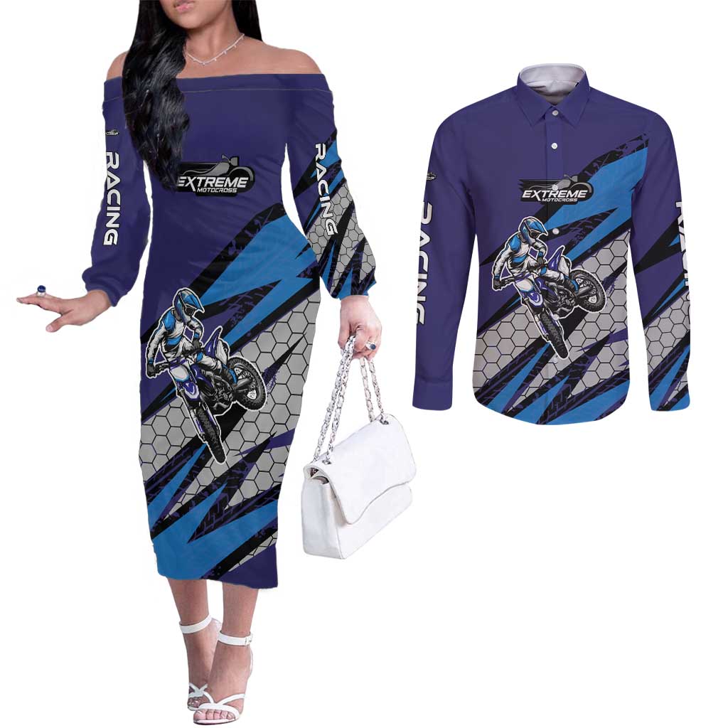 Custom Extreme Motocross Racing Couples Matching Off The Shoulder Long Sleeve Dress and Long Sleeve Button Shirt with Rider Graphic - Wonder Print Shop