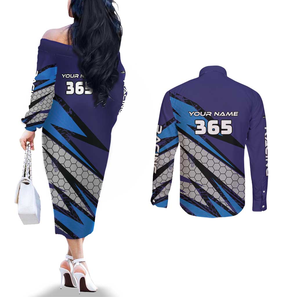 Custom Extreme Motocross Racing Couples Matching Off The Shoulder Long Sleeve Dress and Long Sleeve Button Shirt with Rider Graphic - Wonder Print Shop