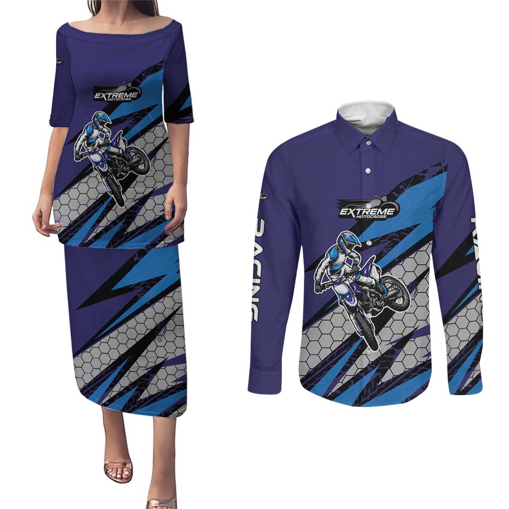 Custom Extreme Motocross Racing Couples Matching Puletasi and Long Sleeve Button Shirt with Rider Graphic - Wonder Print Shop