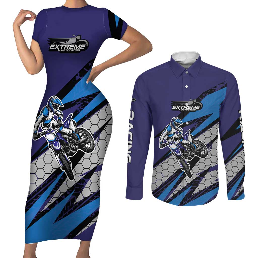Custom Extreme Motocross Racing Couples Matching Short Sleeve Bodycon Dress and Long Sleeve Button Shirt with Rider Graphic - Wonder Print Shop