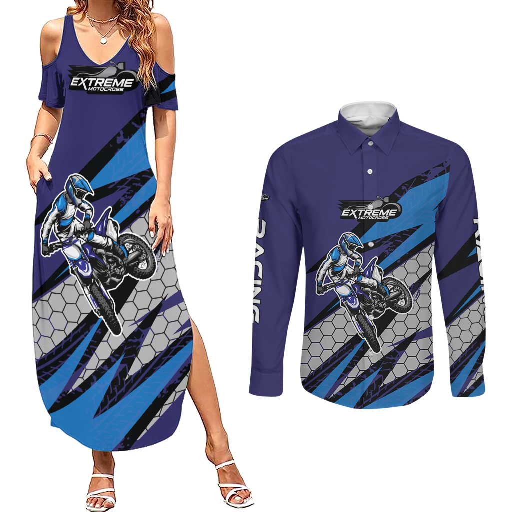 Custom Extreme Motocross Racing Couples Matching Summer Maxi Dress and Long Sleeve Button Shirt with Rider Graphic - Wonder Print Shop