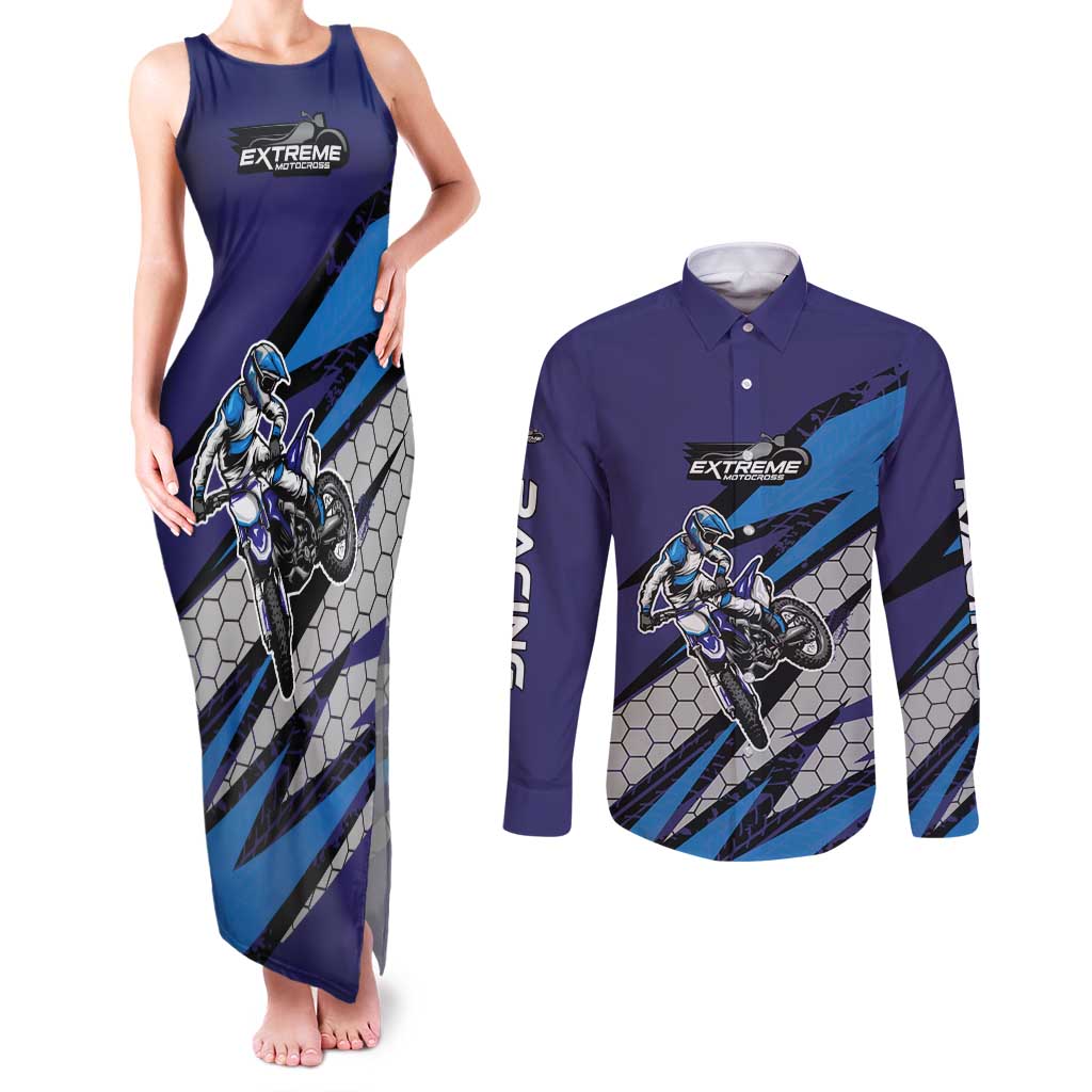 Custom Extreme Motocross Racing Couples Matching Tank Maxi Dress and Long Sleeve Button Shirt with Rider Graphic - Wonder Print Shop
