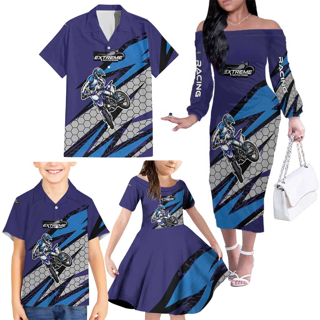 Custom Extreme Motocross Racing Family Matching Off The Shoulder Long Sleeve Dress and Hawaiian Shirt with Rider Graphic - Wonder Print Shop