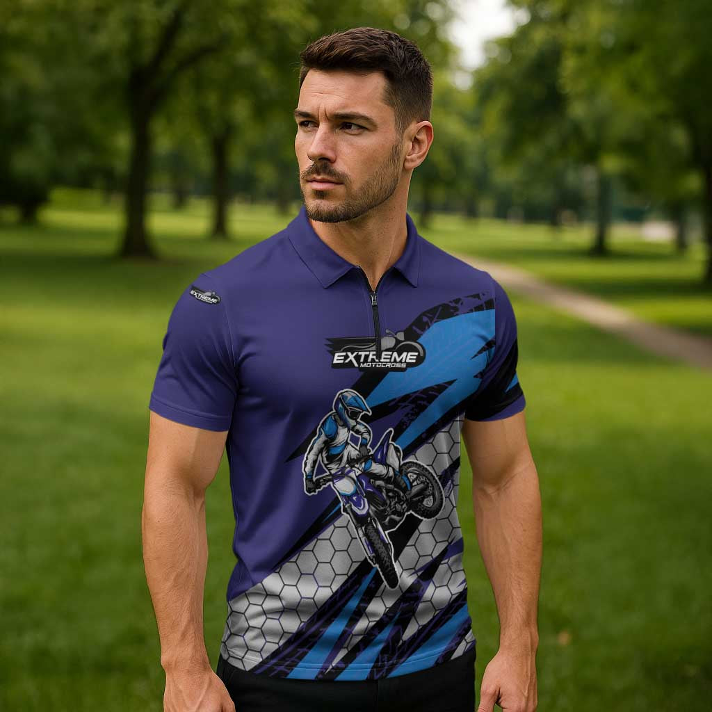 Custom Extreme Motocross Racing Zipper Polo Shirt with Rider Graphic - Wonder Print Shop