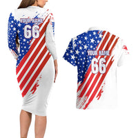 Custom Patriotic Motocross Couples Matching Long Sleeve Bodycon Dress and Hawaiian Shirt with American Flag - Wonder Print Shop