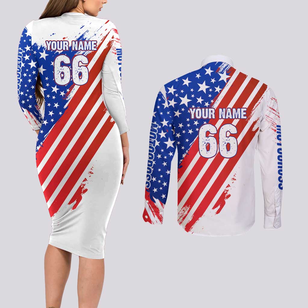 Custom Patriotic Motocross Couples Matching Long Sleeve Bodycon Dress and Long Sleeve Button Shirt with American Flag - Wonder Print Shop