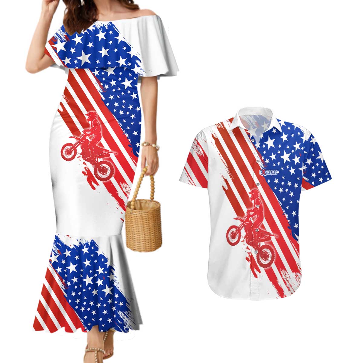 Custom Patriotic Motocross Couples Matching Mermaid Dress and Hawaiian Shirt with American Flag - Wonder Print Shop