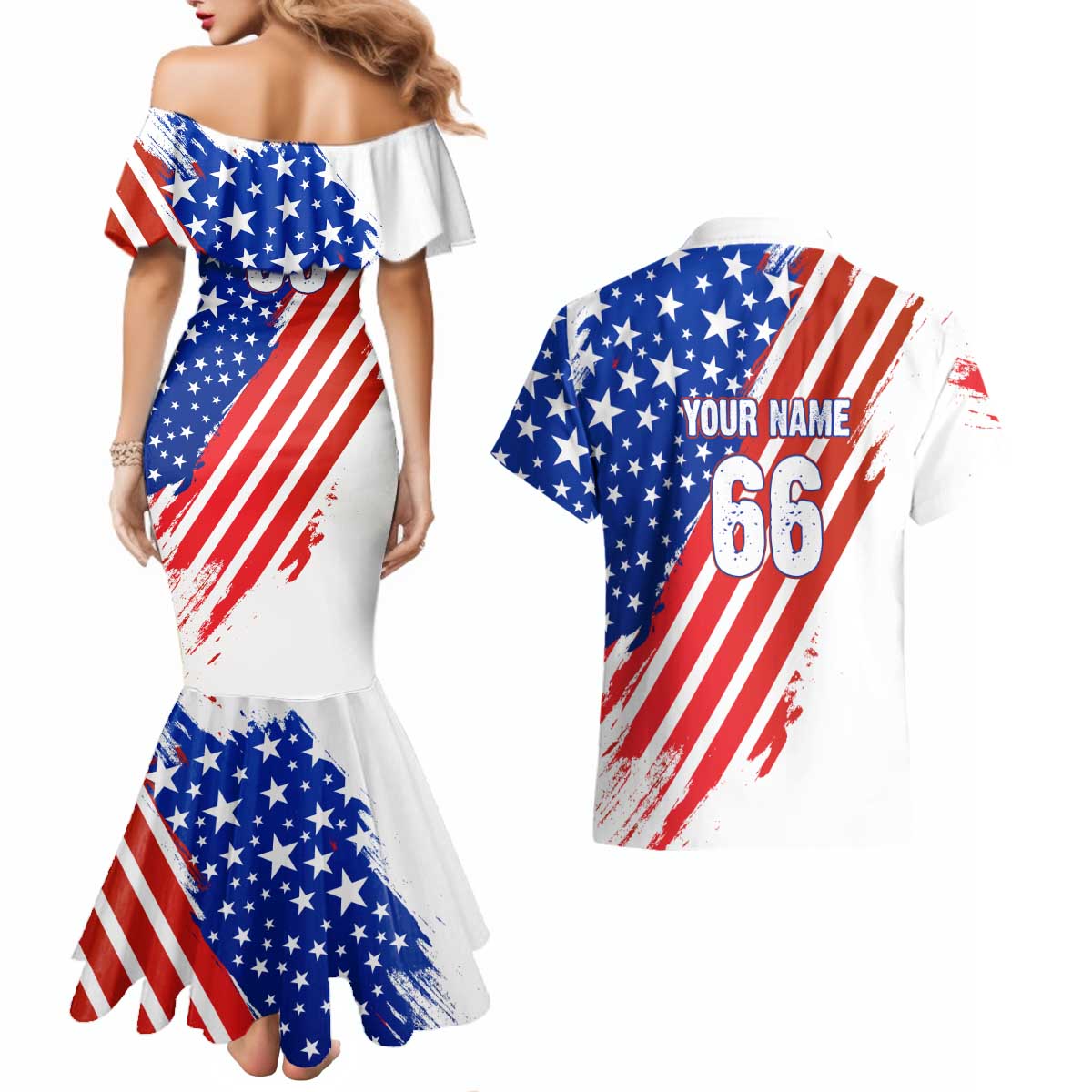 Custom Patriotic Motocross Couples Matching Mermaid Dress and Hawaiian Shirt with American Flag - Wonder Print Shop