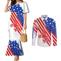 Custom Patriotic Motocross Couples Matching Mermaid Dress and Long Sleeve Button Shirt with American Flag - Wonder Print Shop