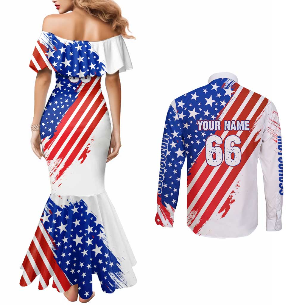 Custom Patriotic Motocross Couples Matching Mermaid Dress and Long Sleeve Button Shirt with American Flag - Wonder Print Shop