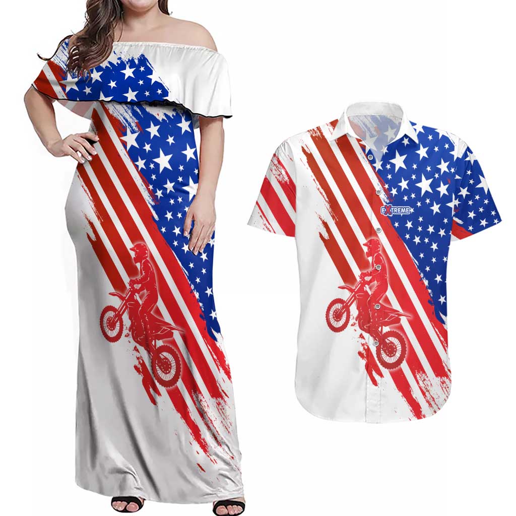 Custom Patriotic Motocross Couples Matching Off Shoulder Maxi Dress and Hawaiian Shirt with American Flag - Wonder Print Shop