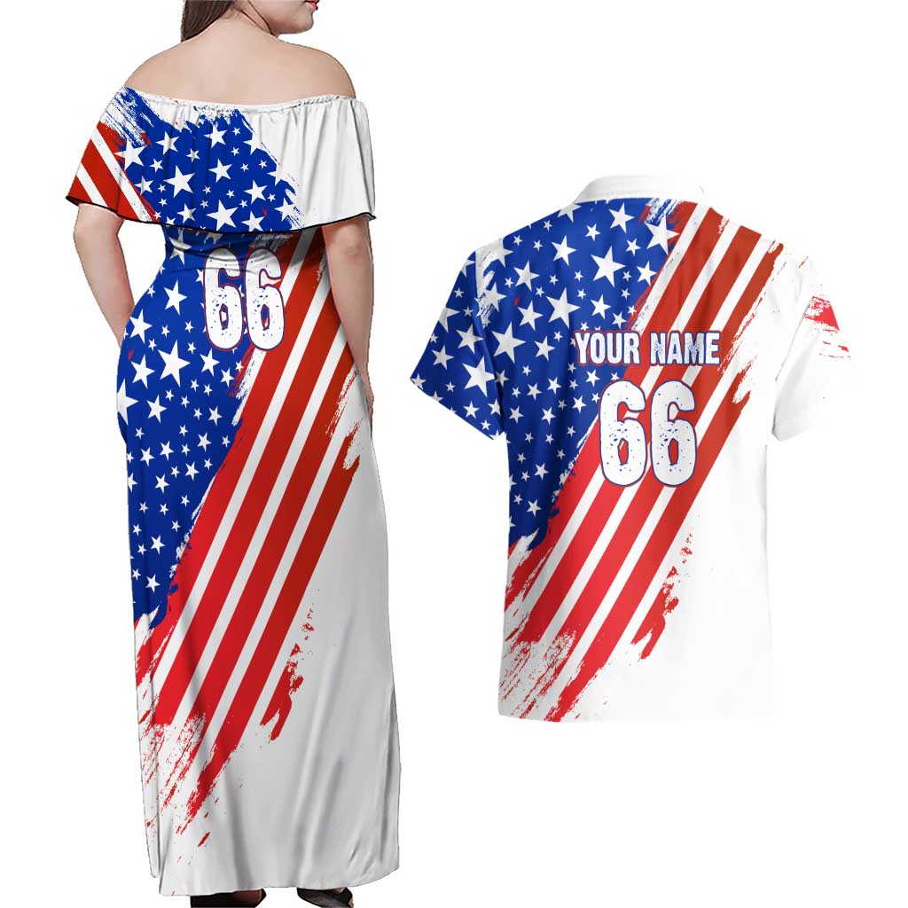 Custom Patriotic Motocross Couples Matching Off Shoulder Maxi Dress and Hawaiian Shirt with American Flag - Wonder Print Shop
