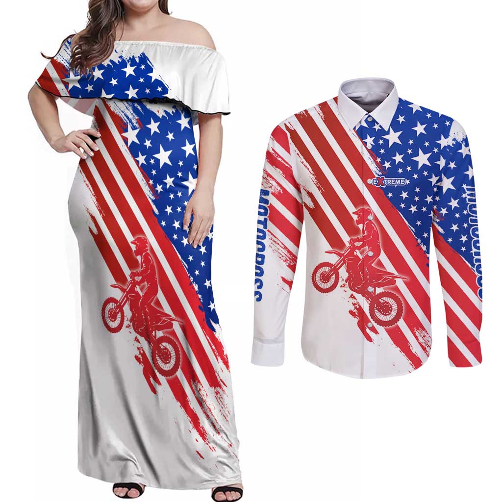 Custom Patriotic Motocross Couples Matching Off Shoulder Maxi Dress and Long Sleeve Button Shirt with American Flag - Wonder Print Shop