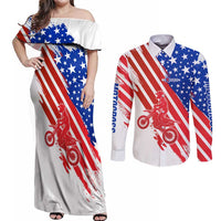 Custom Patriotic Motocross Couples Matching Off Shoulder Maxi Dress and Long Sleeve Button Shirt with American Flag - Wonder Print Shop