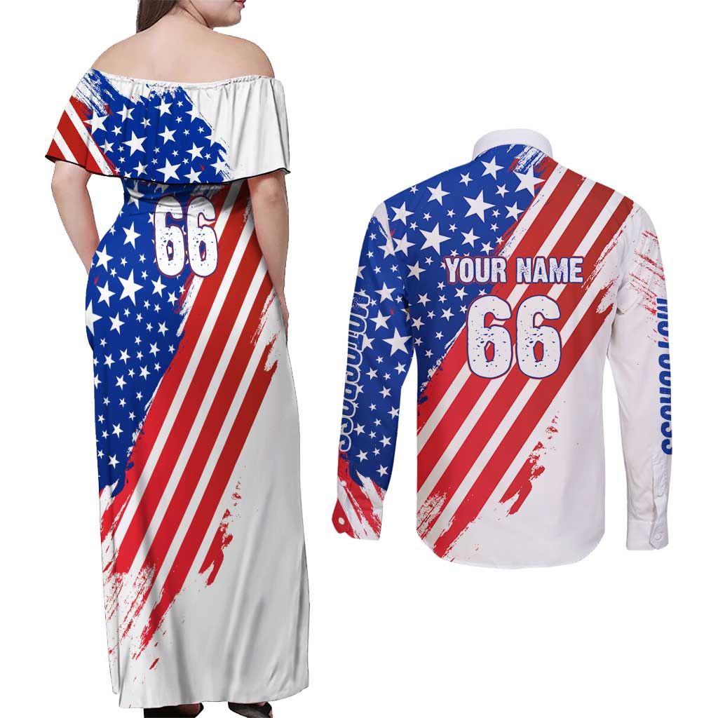 Custom Patriotic Motocross Couples Matching Off Shoulder Maxi Dress and Long Sleeve Button Shirt with American Flag - Wonder Print Shop