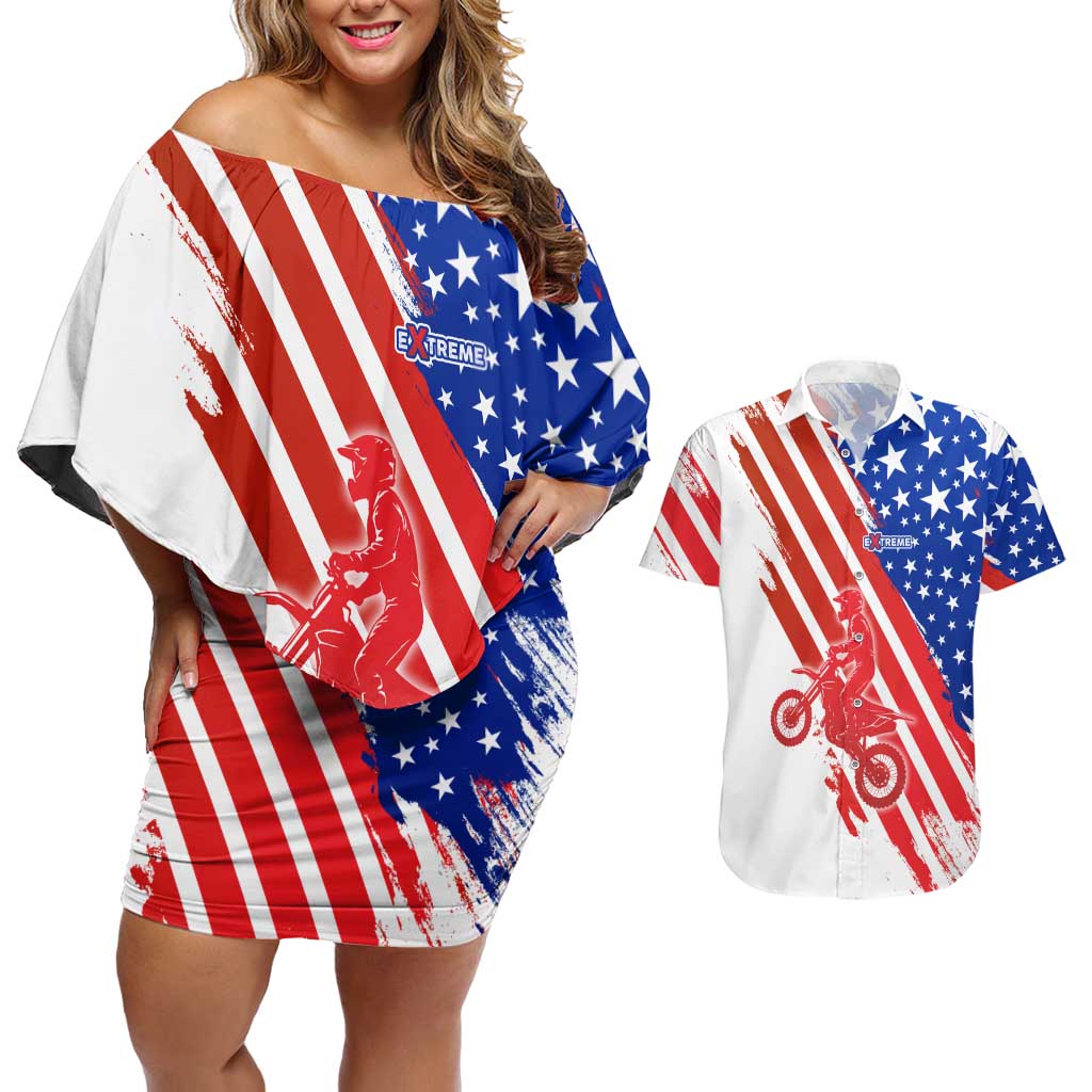 Custom Patriotic Motocross Couples Matching Off Shoulder Short Dress and Hawaiian Shirt with American Flag - Wonder Print Shop