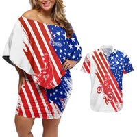 Custom Patriotic Motocross Couples Matching Off Shoulder Short Dress and Hawaiian Shirt with American Flag - Wonder Print Shop