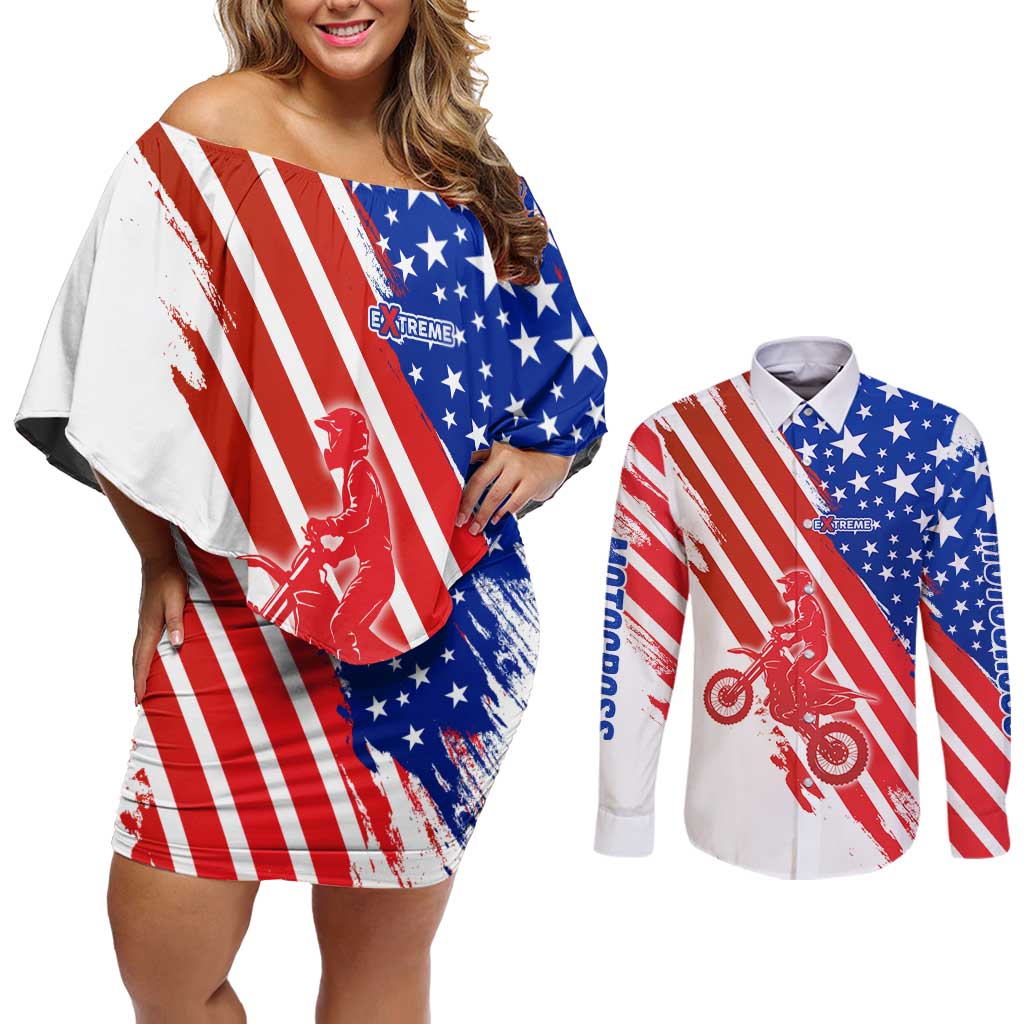 Custom Patriotic Motocross Couples Matching Off Shoulder Short Dress and Long Sleeve Button Shirt with American Flag - Wonder Print Shop