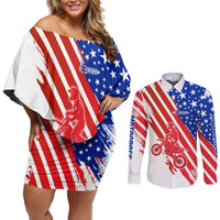 Custom Patriotic Motocross Couples Matching Off Shoulder Short Dress and Long Sleeve Button Shirt with American Flag - Wonder Print Shop