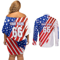 Custom Patriotic Motocross Couples Matching Off Shoulder Short Dress and Long Sleeve Button Shirt with American Flag - Wonder Print Shop