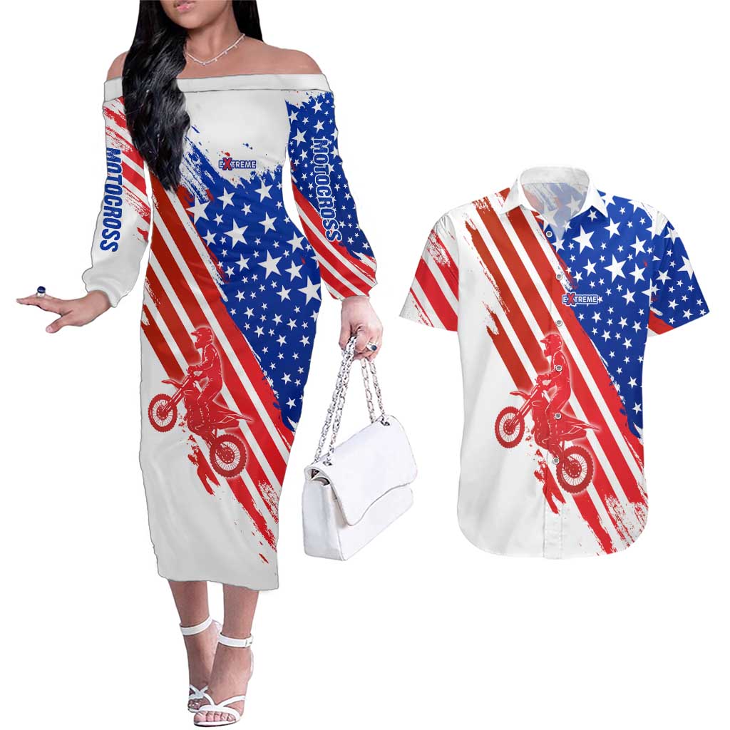 Custom Patriotic Motocross Couples Matching Off The Shoulder Long Sleeve Dress and Hawaiian Shirt with American Flag - Wonder Print Shop