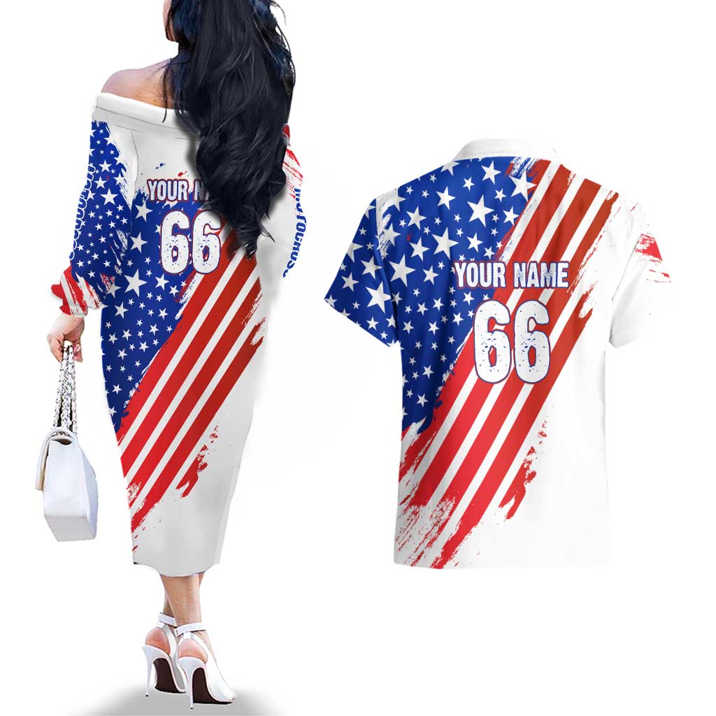 Custom Patriotic Motocross Couples Matching Off The Shoulder Long Sleeve Dress and Hawaiian Shirt with American Flag - Wonder Print Shop