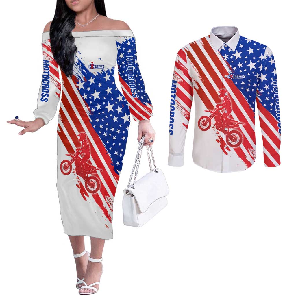 Custom Patriotic Motocross Couples Matching Off The Shoulder Long Sleeve Dress and Long Sleeve Button Shirt with American Flag - Wonder Print Shop