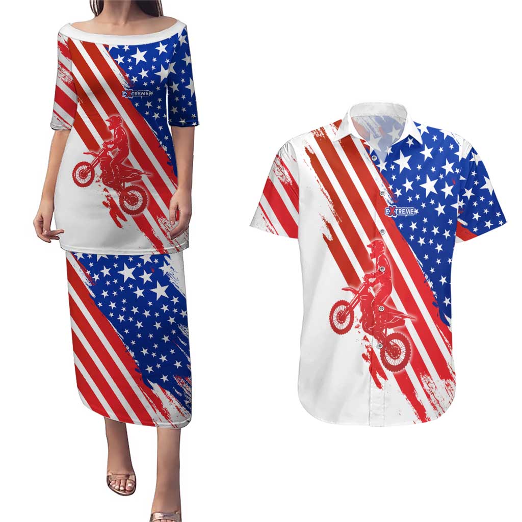 Custom Patriotic Motocross Couples Matching Puletasi and Hawaiian Shirt with American Flag - Wonder Print Shop