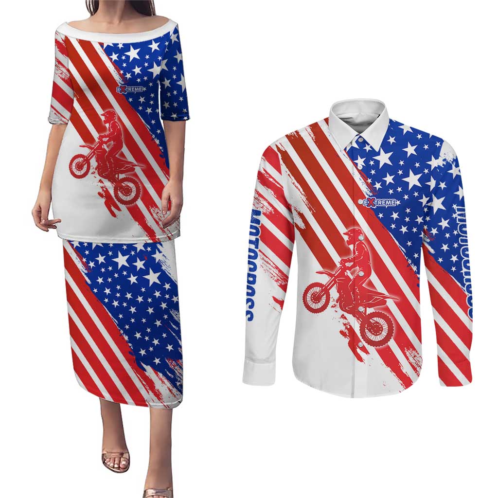 Custom Patriotic Motocross Couples Matching Puletasi and Long Sleeve Button Shirt with American Flag - Wonder Print Shop