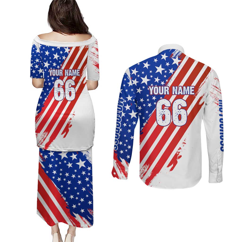 Custom Patriotic Motocross Couples Matching Puletasi and Long Sleeve Button Shirt with American Flag - Wonder Print Shop