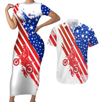 Custom Patriotic Motocross Couples Matching Short Sleeve Bodycon Dress and Hawaiian Shirt with American Flag - Wonder Print Shop