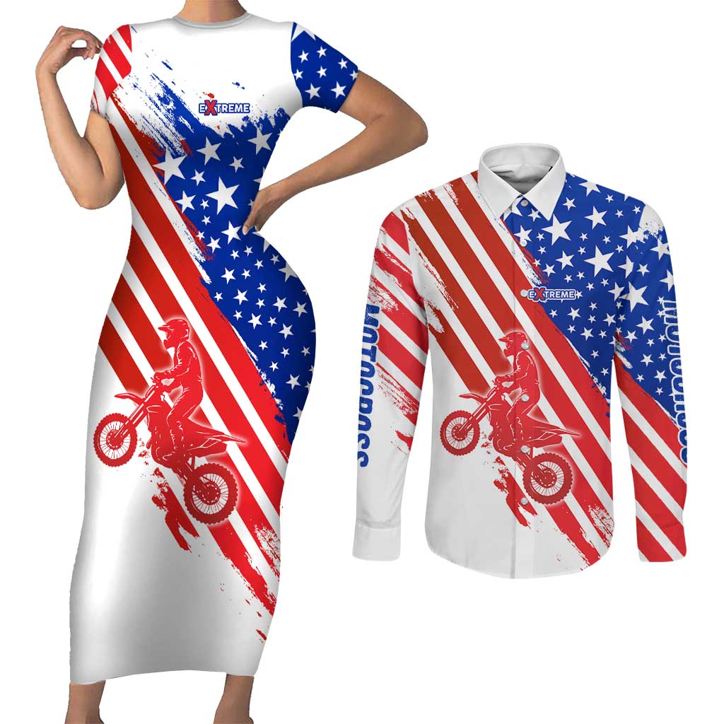 Custom Patriotic Motocross Couples Matching Short Sleeve Bodycon Dress and Long Sleeve Button Shirt with American Flag - Wonder Print Shop