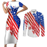 Custom Patriotic Motocross Couples Matching Short Sleeve Bodycon Dress and Long Sleeve Button Shirt with American Flag - Wonder Print Shop