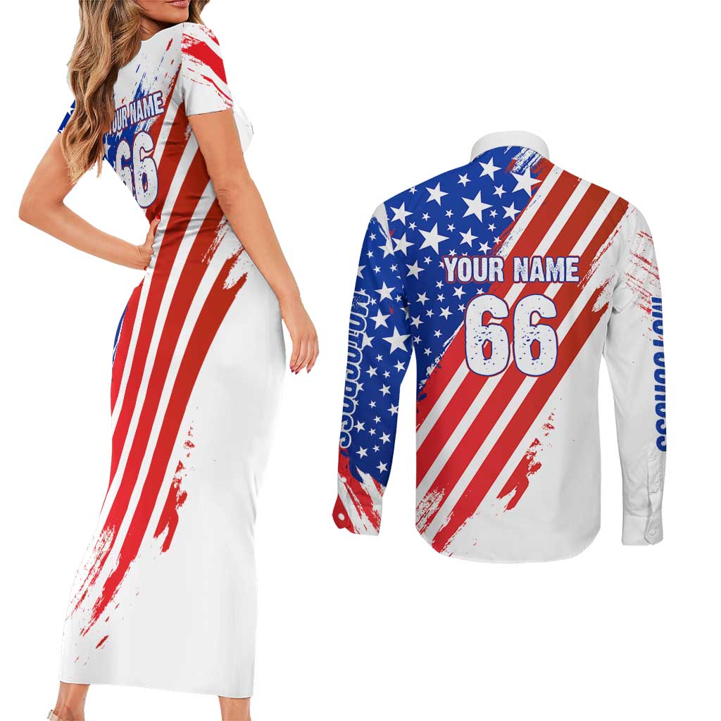 Custom Patriotic Motocross Couples Matching Short Sleeve Bodycon Dress and Long Sleeve Button Shirt with American Flag - Wonder Print Shop