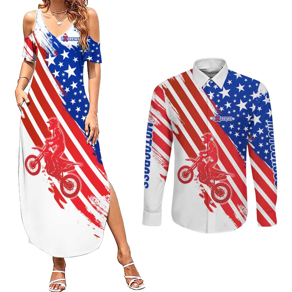 Custom Patriotic Motocross Couples Matching Summer Maxi Dress and Long Sleeve Button Shirt with American Flag - Wonder Print Shop