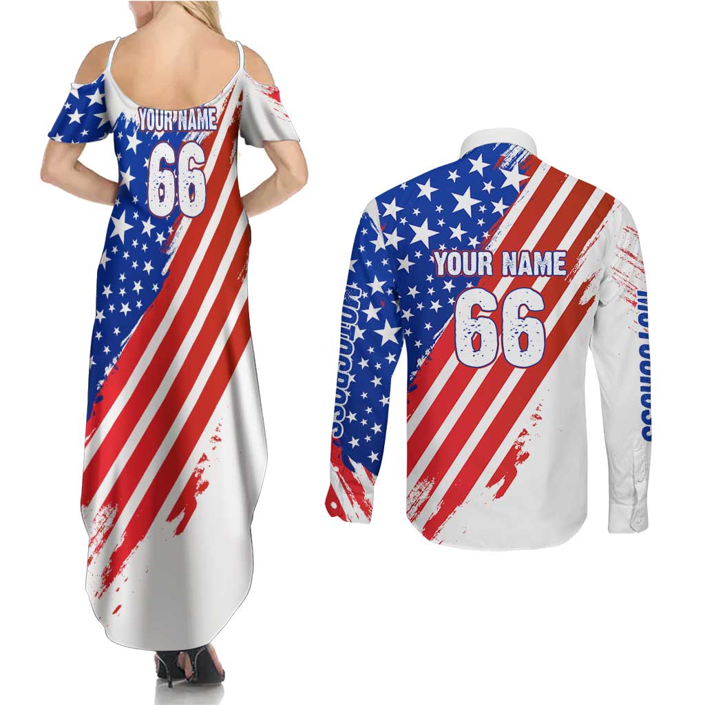 Custom Patriotic Motocross Couples Matching Summer Maxi Dress and Long Sleeve Button Shirt with American Flag - Wonder Print Shop