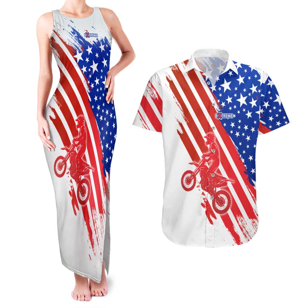 Custom Patriotic Motocross Couples Matching Tank Maxi Dress and Hawaiian Shirt with American Flag - Wonder Print Shop