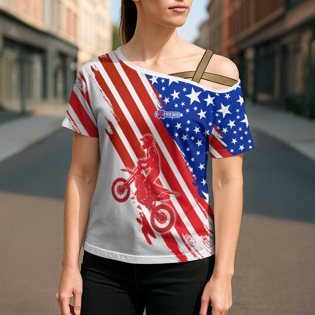 Custom Patriotic Motocross Cross Shoulder Shirt with American Flag - Wonder Print Shop