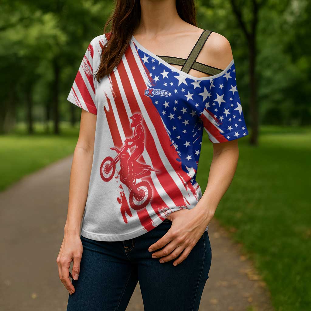 Custom Patriotic Motocross Cross Shoulder Shirt with American Flag - Wonder Print Shop