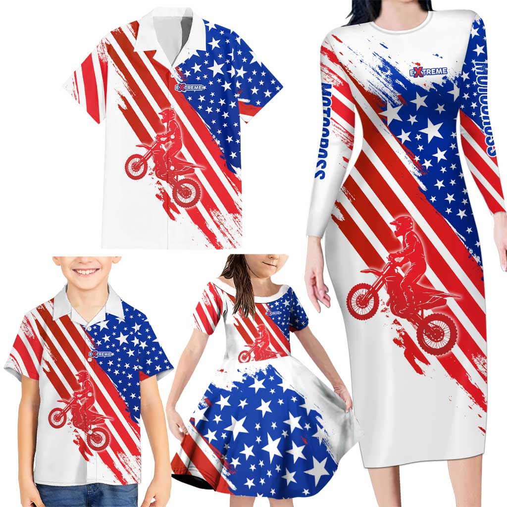Custom Patriotic Motocross Family Matching Long Sleeve Bodycon Dress and Hawaiian Shirt with American Flag - Wonder Print Shop