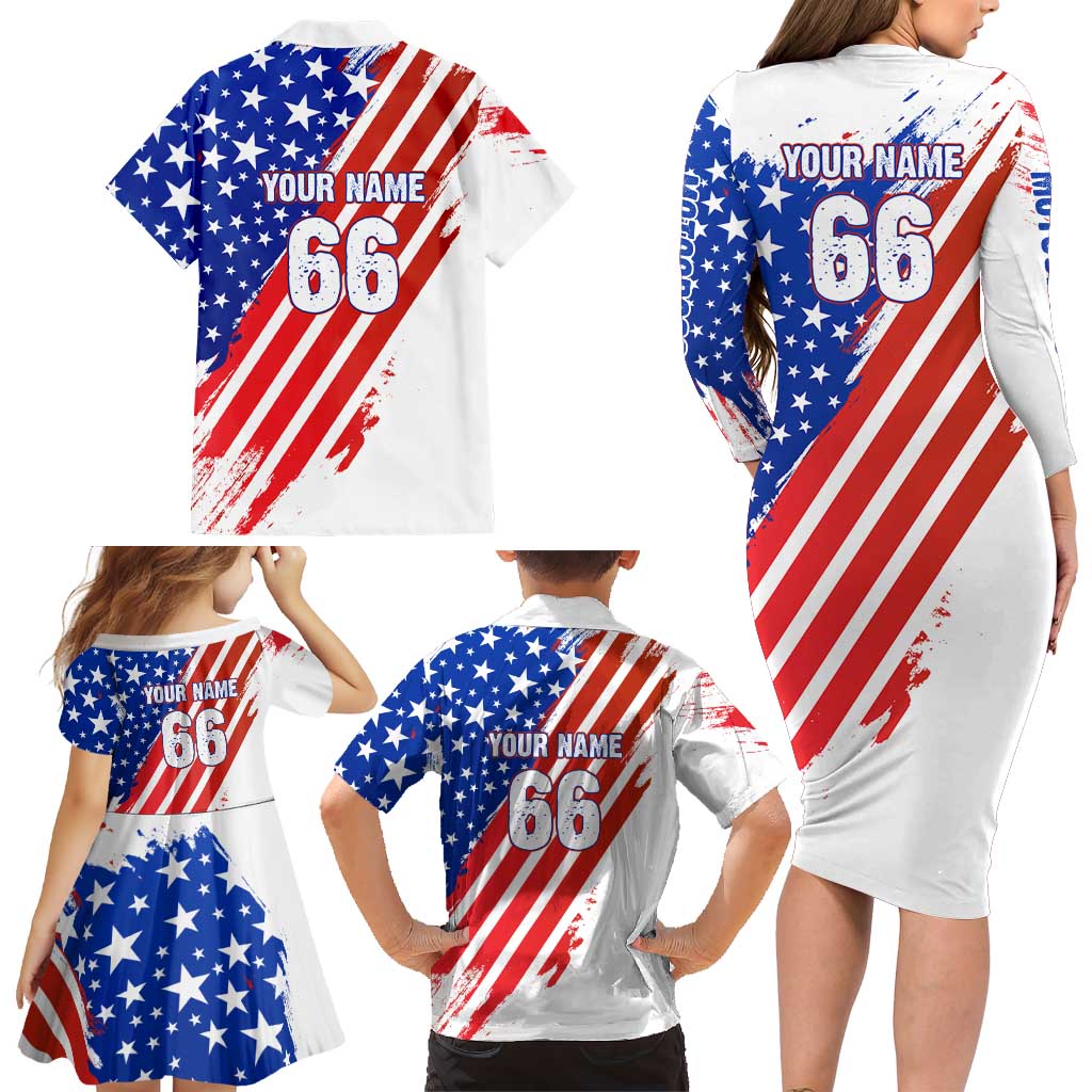 Custom Patriotic Motocross Family Matching Long Sleeve Bodycon Dress and Hawaiian Shirt with American Flag - Wonder Print Shop