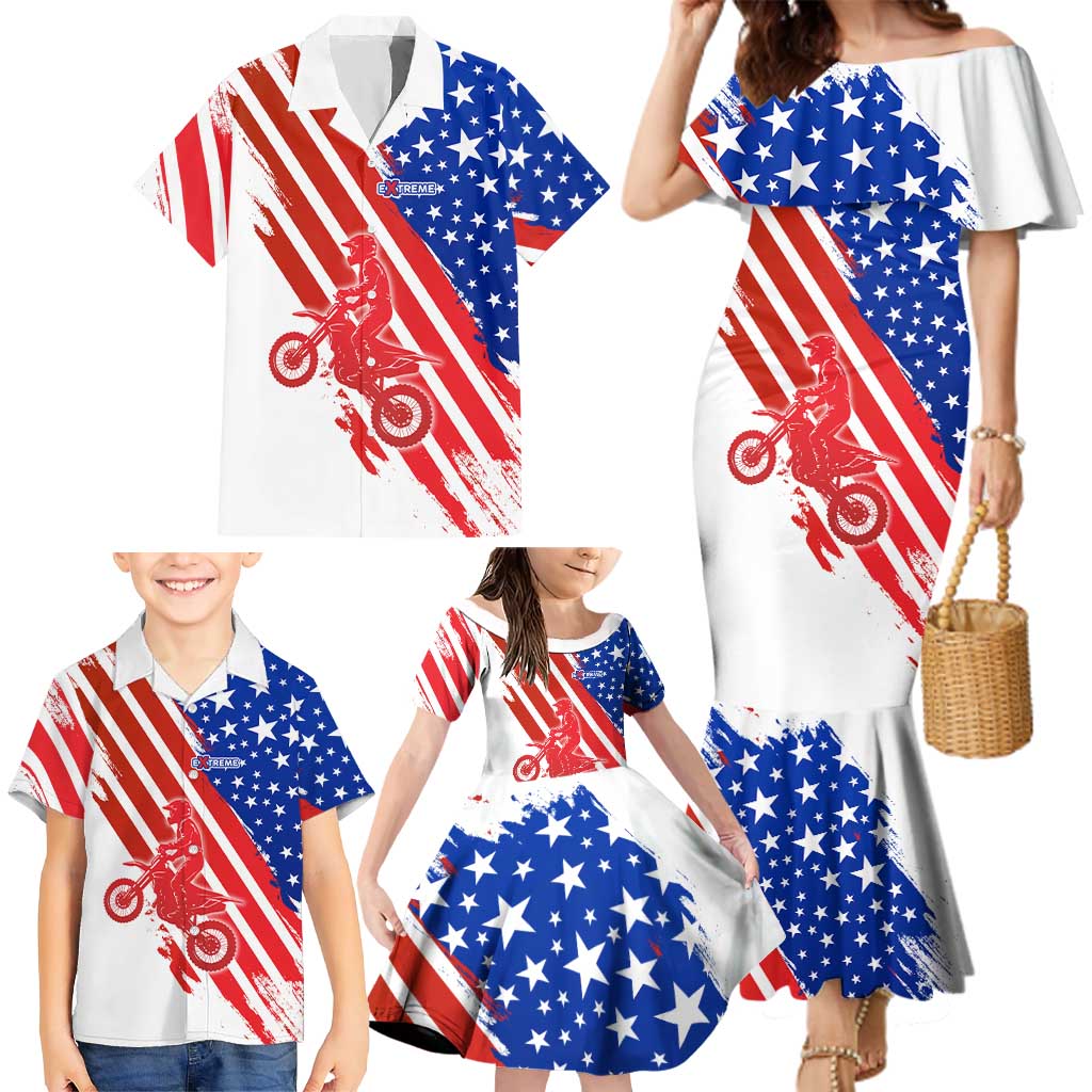 Custom Patriotic Motocross Family Matching Mermaid Dress and Hawaiian Shirt with American Flag - Wonder Print Shop