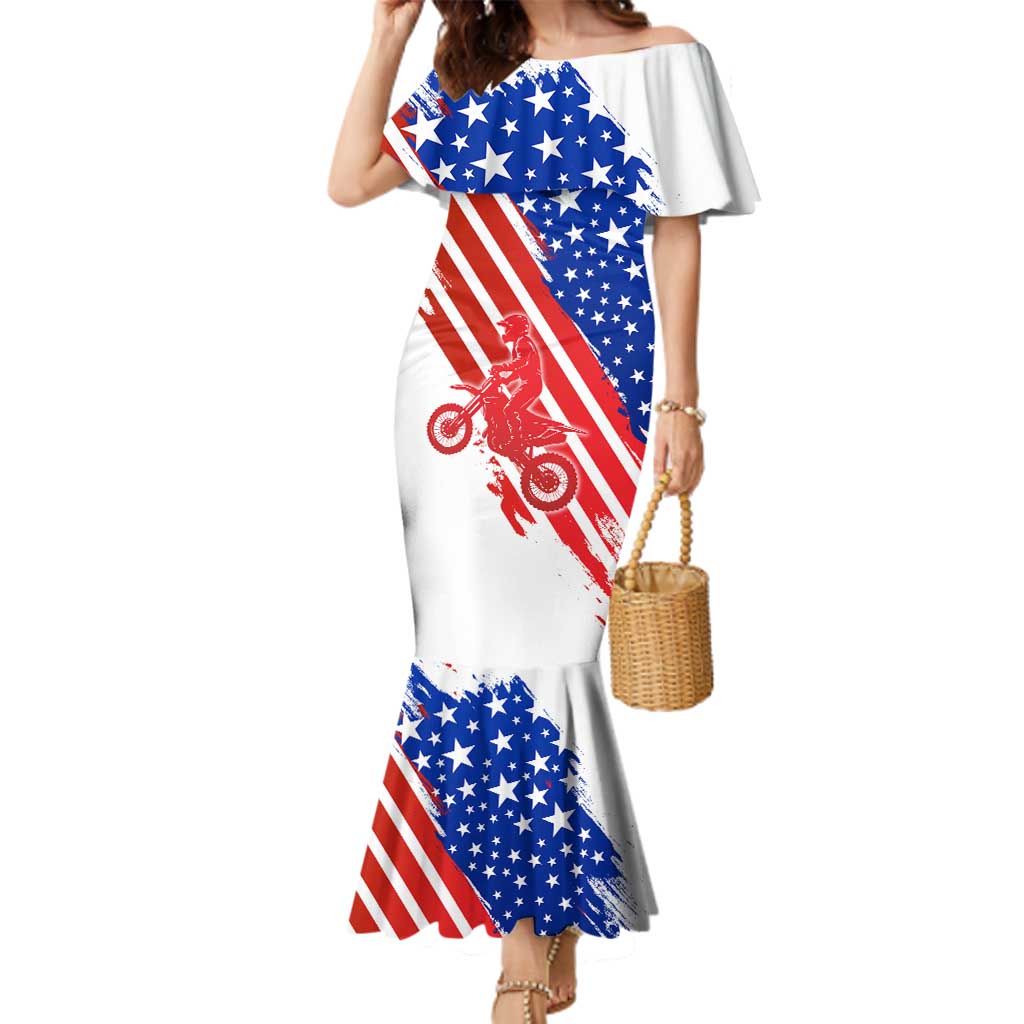 Custom Patriotic Motocross Family Matching Mermaid Dress and Hawaiian Shirt with American Flag - Wonder Print Shop