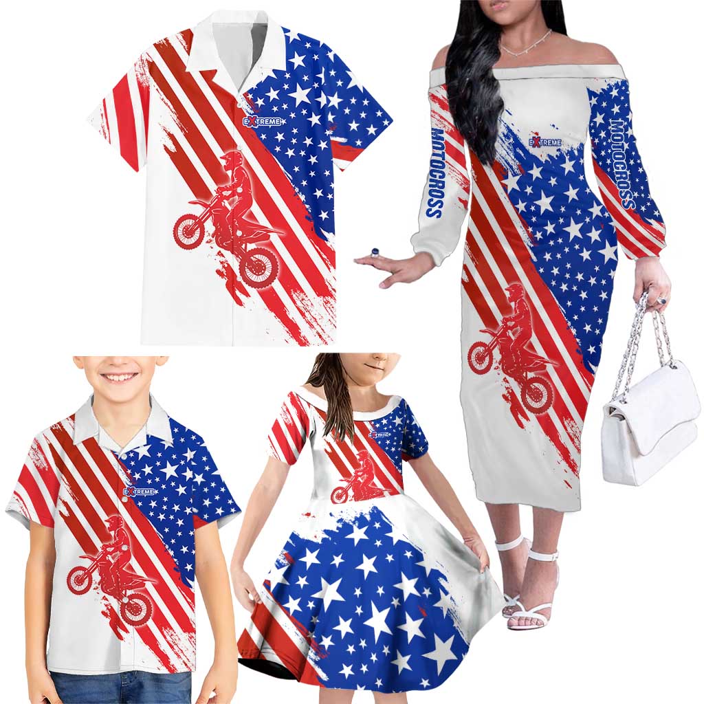 Custom Patriotic Motocross Family Matching Off The Shoulder Long Sleeve Dress and Hawaiian Shirt with American Flag - Wonder Print Shop