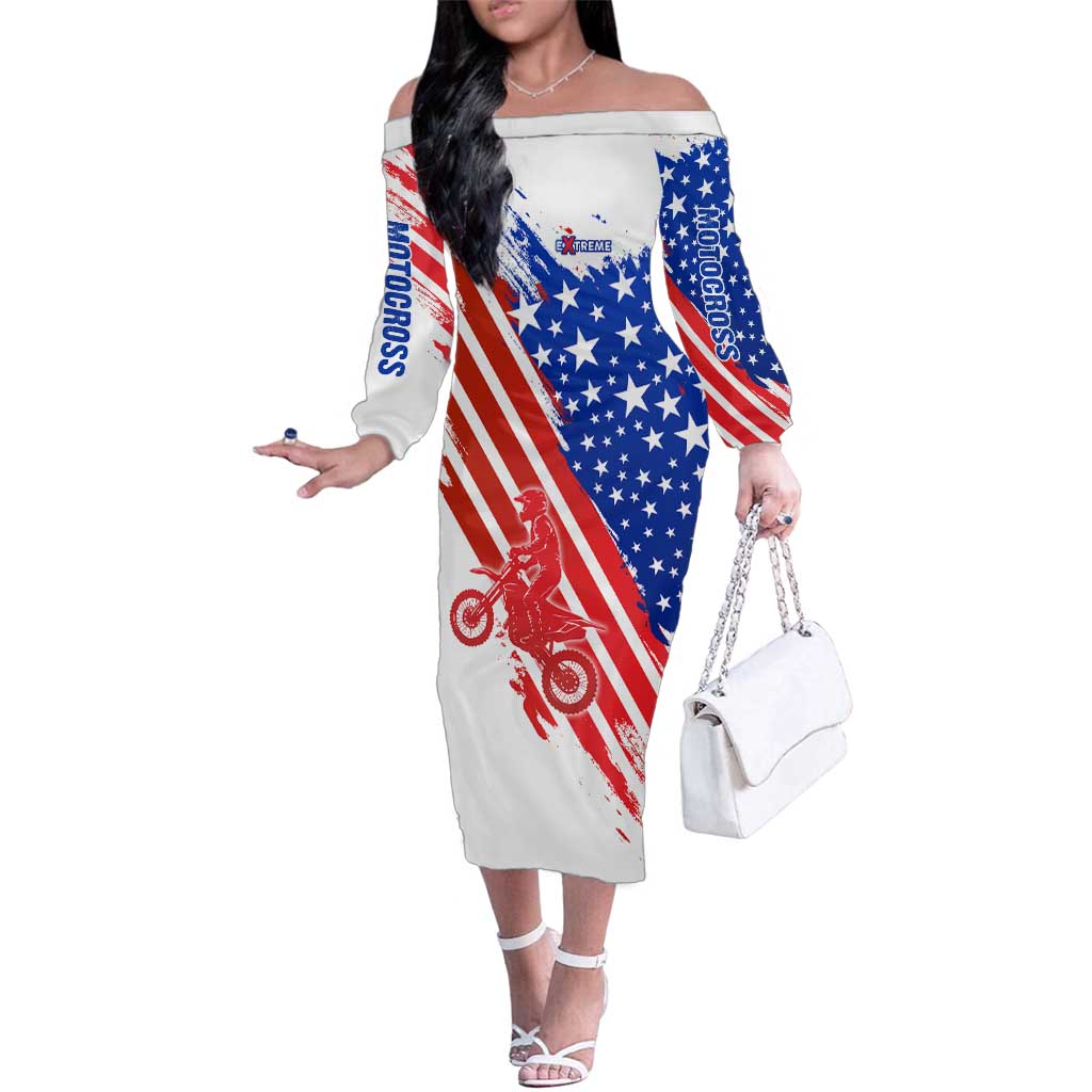 Custom Patriotic Motocross Family Matching Off The Shoulder Long Sleeve Dress and Hawaiian Shirt with American Flag - Wonder Print Shop