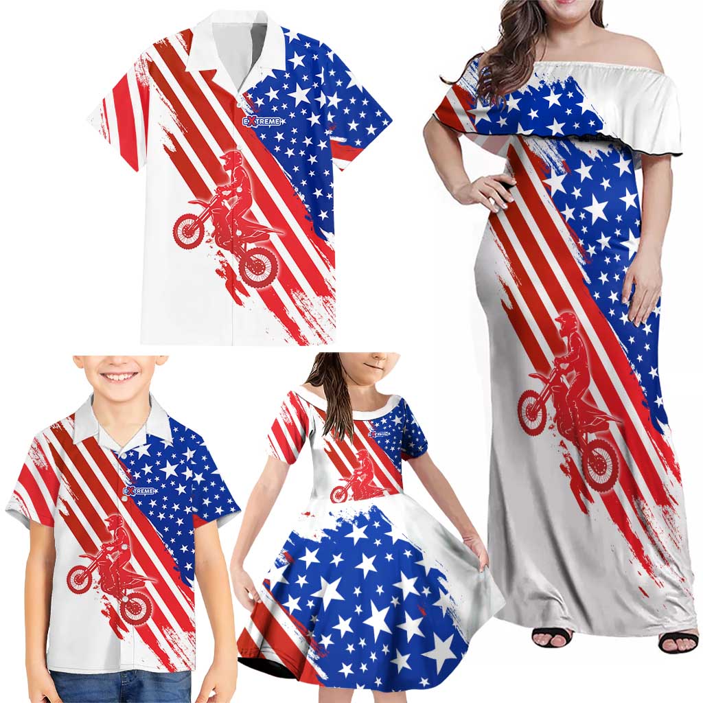 Custom Patriotic Motocross Family Matching Off Shoulder Maxi Dress and Hawaiian Shirt with American Flag - Wonder Print Shop