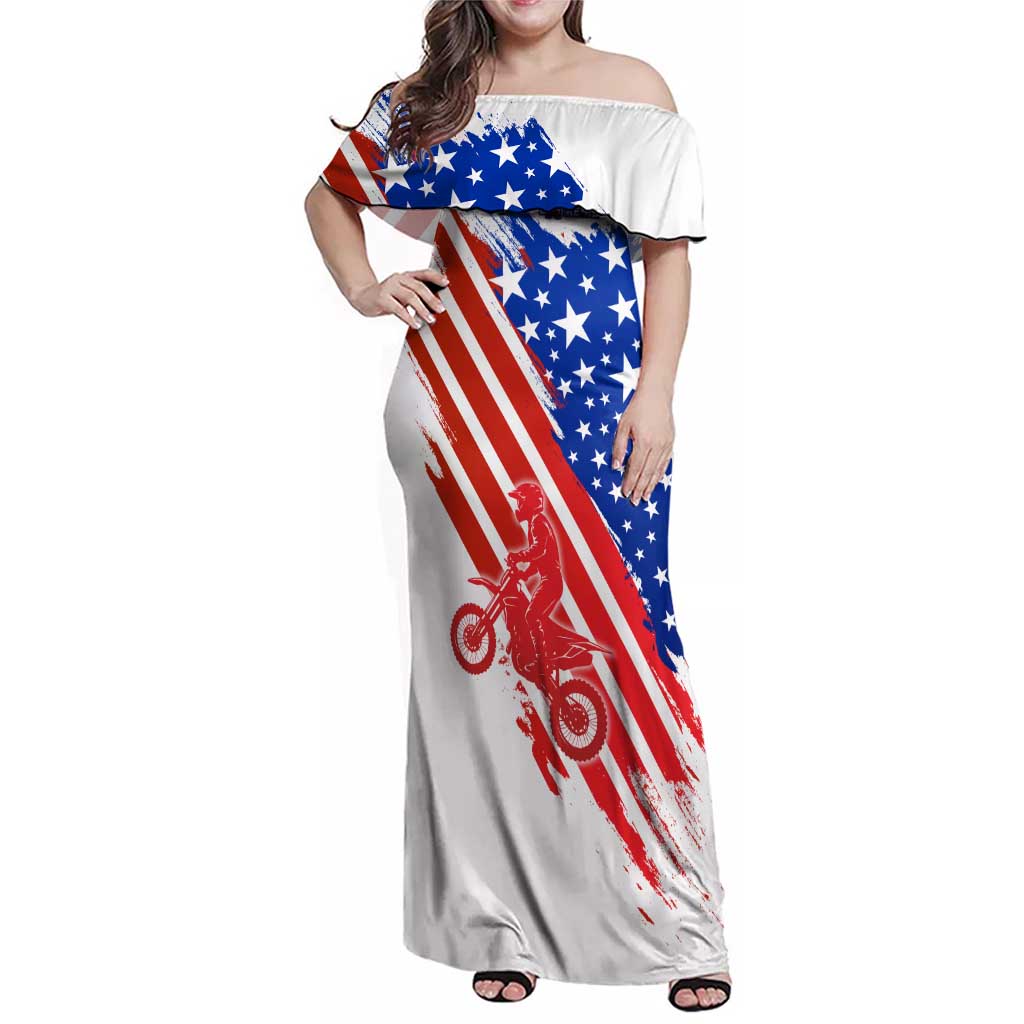 Custom Patriotic Motocross Family Matching Off Shoulder Maxi Dress and Hawaiian Shirt with American Flag - Wonder Print Shop