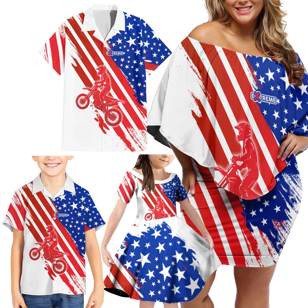 Custom Patriotic Motocross Family Matching Off Shoulder Short Dress and Hawaiian Shirt with American Flag - Wonder Print Shop